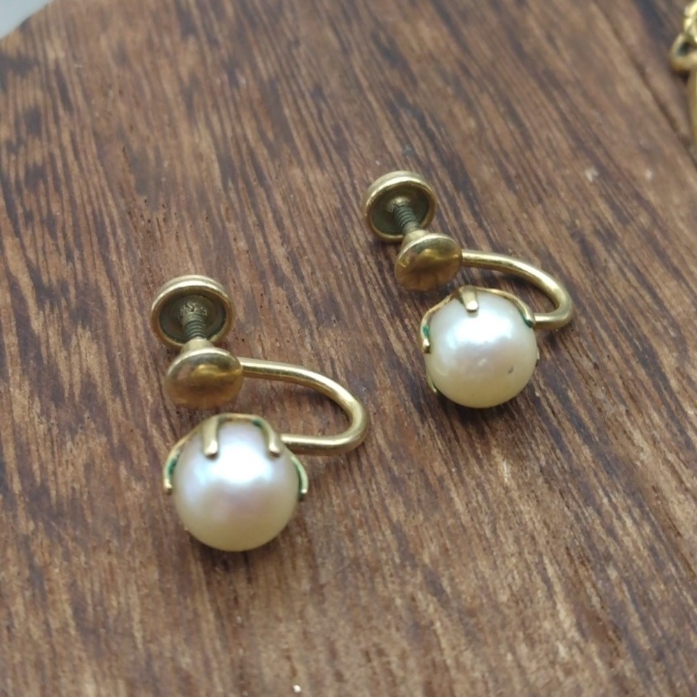 Gold filled antique pearl screwback earrings classic femme E532‎